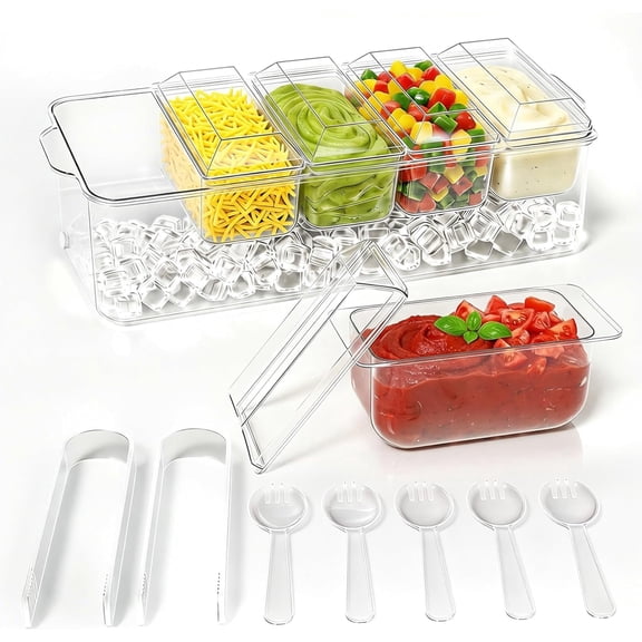 Condiment Tray, Chilled Condiment Server for Home, Party, Celebration, Bar Garnish Holder on Ice, Bar Accessories Fruit and Salad with Removable Trays and Lids