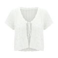 thumbnail image 3 of BODOAO Women's Summer Short Sleeve Cropped Crochet Cardigan Tie Front Open Knit Bolero Shrug Lightweight for Casual Beach Vacation Hollow Knit Top Solid Color Slim Top Blouse White M, 3 of 9