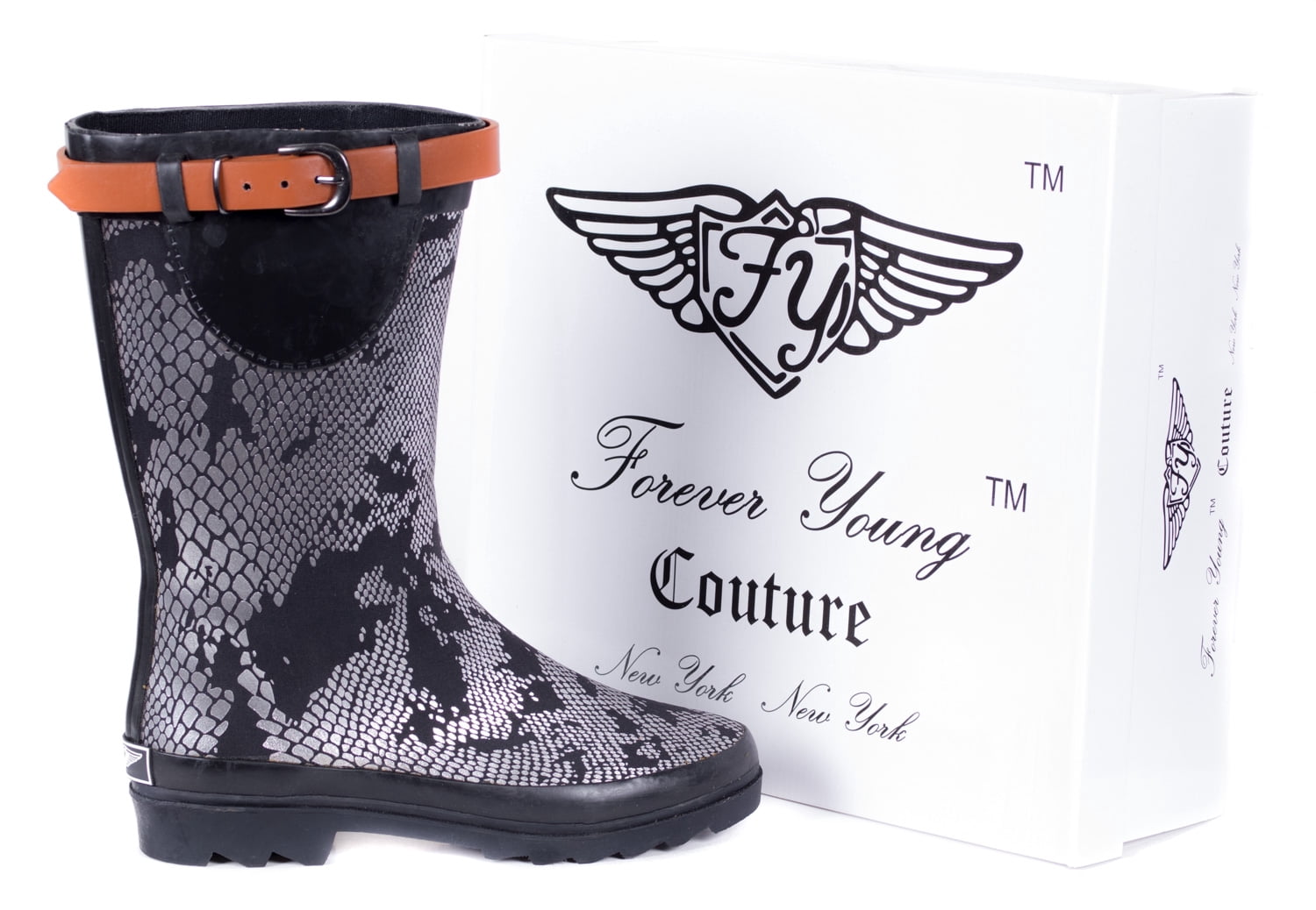 Forever Young Women Rubber Rain Boots, Metallic Snakeskin Design