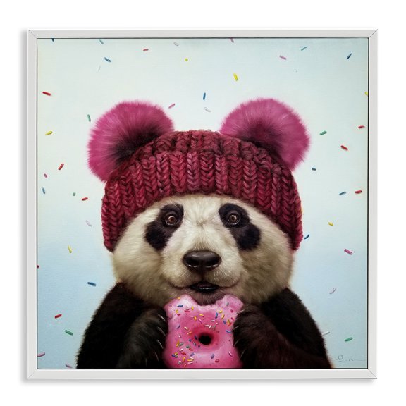 Stupell Industries Happy Panda Bear with Donut Animals & Insects Painting White Framed Art Print Wall Art, 12 x 12