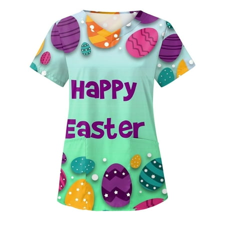 

LWZWM Easter Printed Scrub Top for Women Floral Nurse Uniform V Neck Working Uniform Medical Funny Shirt Short Sleeve Holiday Pocket Workwear Easter Sale Office Tops Purple XXL