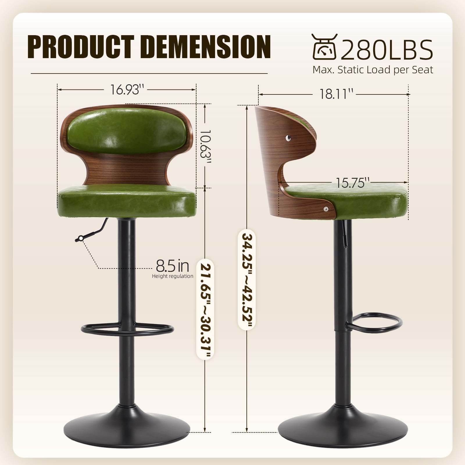 MOONMISS Swivel Bar Stools Set of 2, Wooden Kitchen Bar Chairs with Back, PU Leather Counter Height Barstools for Kitchen Island,
