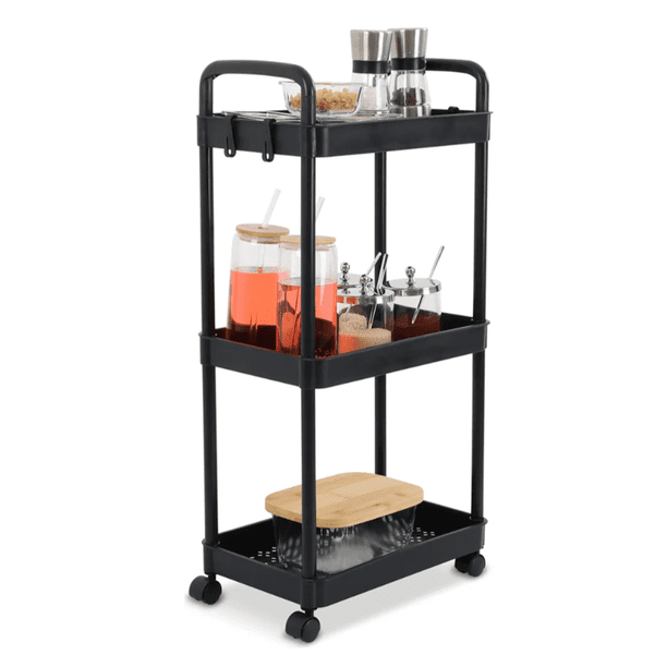 Carrito de Almacenamiento Negro con Ruedas Carrito Organizador Multiusos Carro de Servicio con 3 Niveles