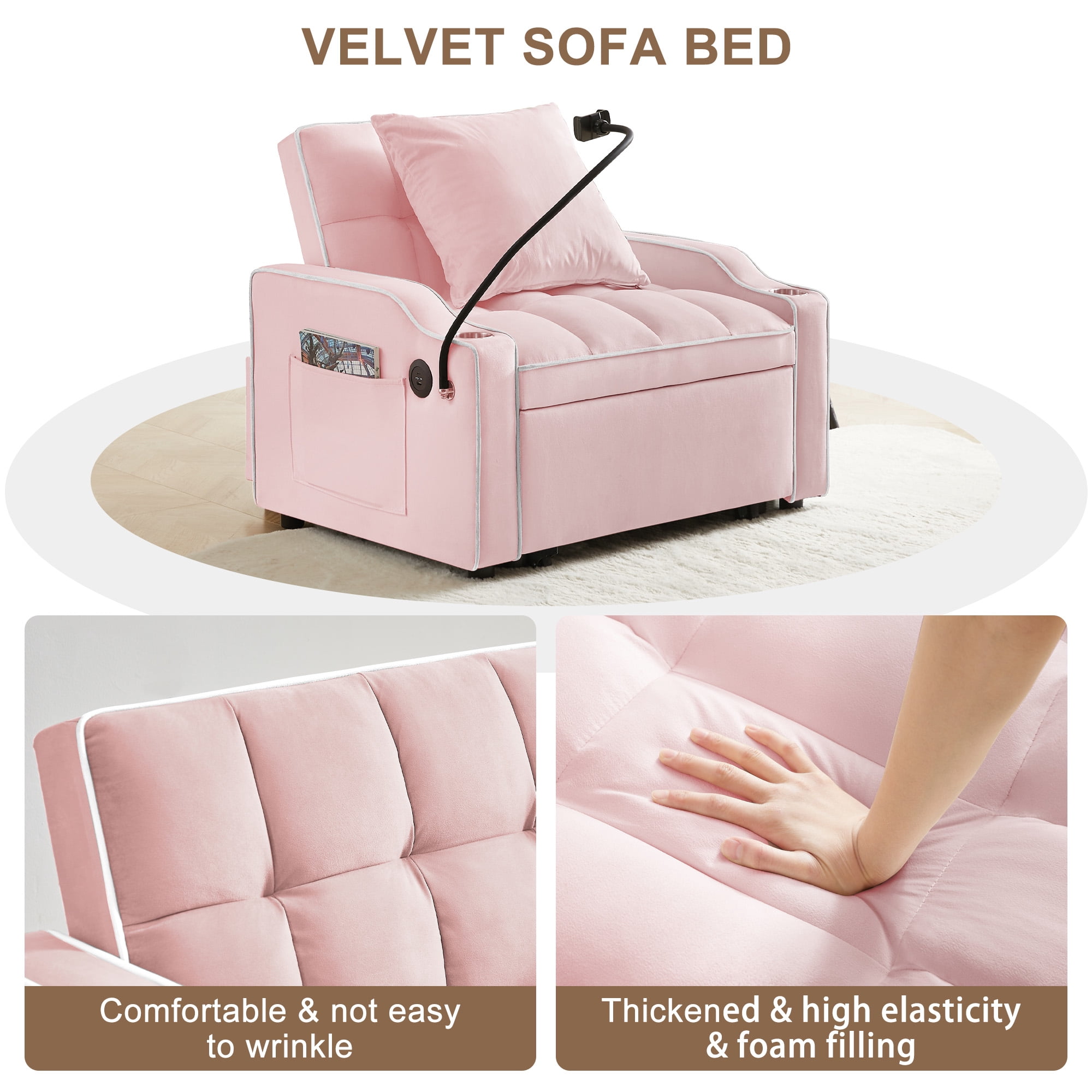 Aukfa Sleeper Chair Bed, Convertible Pull Out Sofa Bed with USB Port, Cup Holders and Swivel Phone Holder, Pink