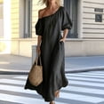 thumbnail image 4 of Karymi One Shoulder Maxi Dress, Casual Off Shoulder Puff Sleeve Solid Flowy Dress with Pockets, Summer Loose Beach Cover-Up Dress Dresses for Women, 4 of 8