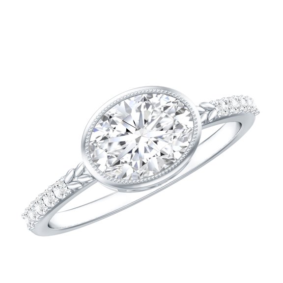 Rosec Jewels Moissanite Oval Engagement Ring 1 Carat - East West Ring for Women - 6X8 mm - D-VS1 Quality Certified, 925 Sterling Silver, US 4.00
