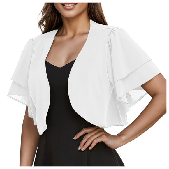 2025 Women Solid Short 3X Cardigan Sleeve Cropped Bolero Open Back Sweater Front Chiffon