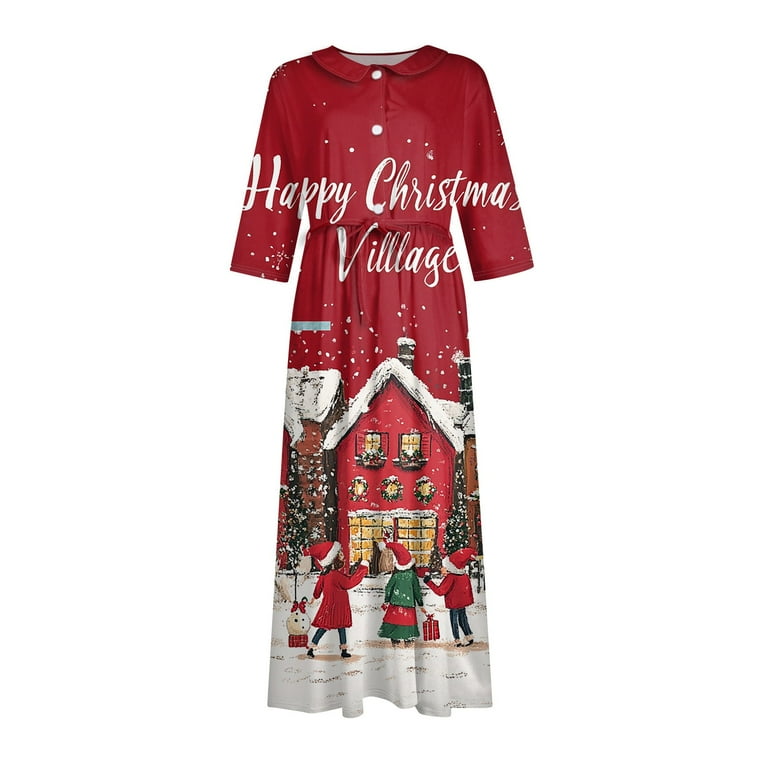 Christmas Dresses for Women Ladies Fashion Christmas Print Lapel  Button-Down Seven-Quarter Cuff Strap-Up Dress with Merry Christmas for  Christmas ...