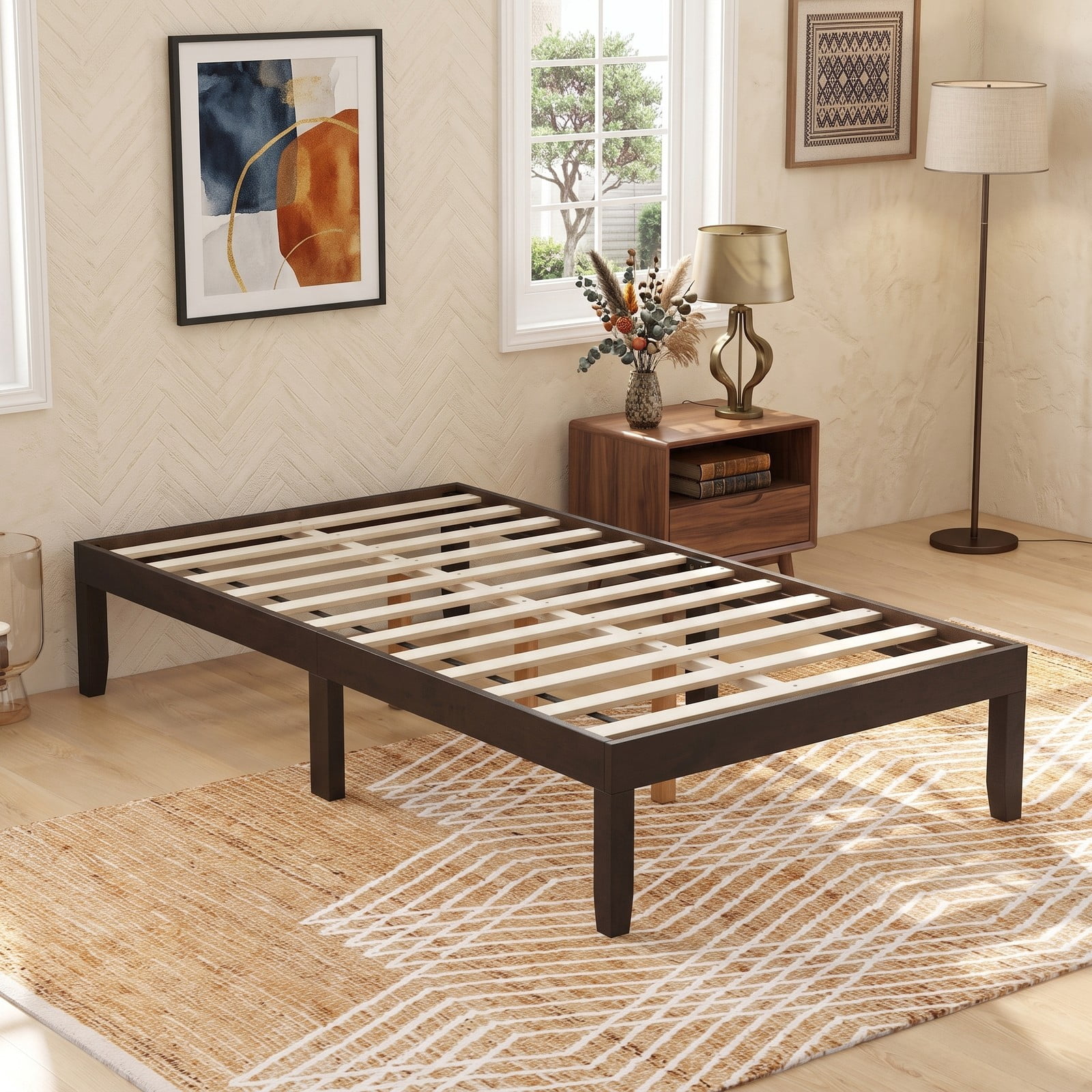 Furnibear Twin Bed Frame with Storage, 14 Inch Wood Platform Bed Frame with Slat Support and Under Bed Storage, No Box Spring, Espresso