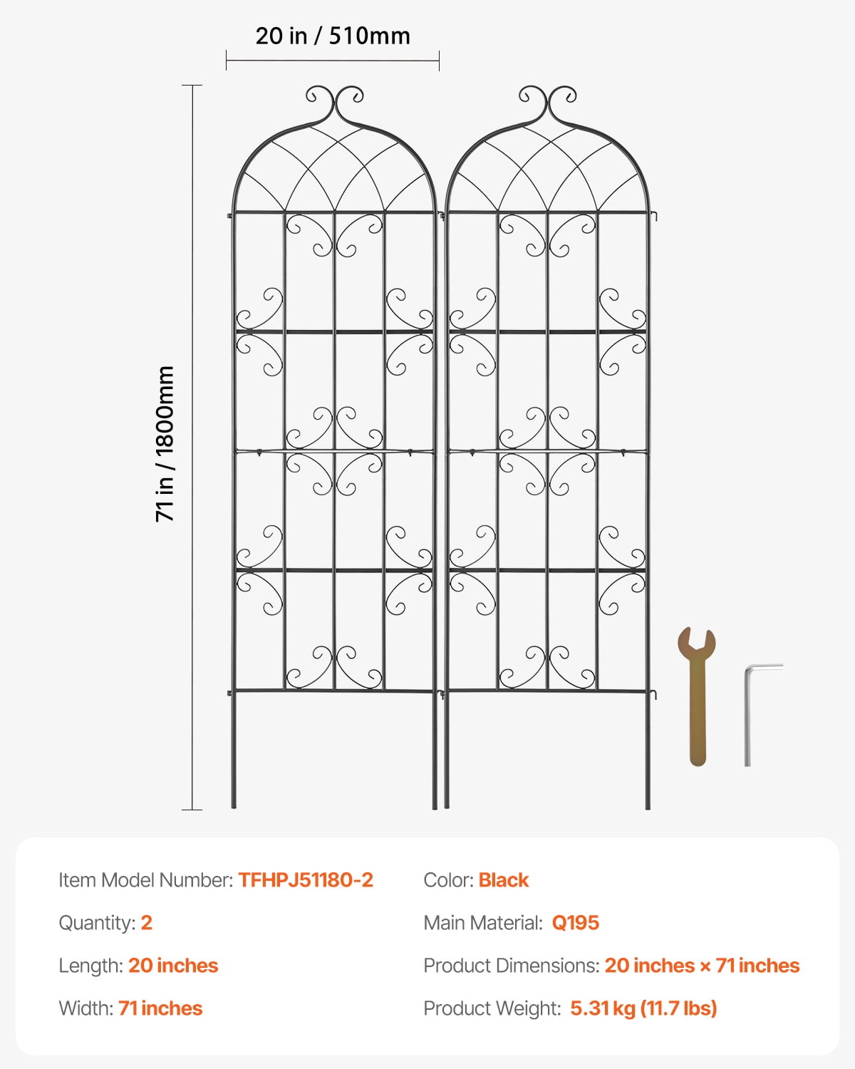 KFFKFF Garden Support Structure for Vine Plants, Dimensions 71 x 20 inches, Set of 2 Durable Metal Garden Trellis, Outdoor Support for Climbing Roses and Cucumbers, Aesthetic Clematis Trellis