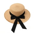 thumbnail image 2 of Helii Women Flat Top Straw Wide Brim Sun Hat Boater with Ribbon Bow and Long Streamers, Frayed Edge Floppy Beach Hat Linen Like Woven Breathable Foldable Panama Fedora Cap D,One Size, 2 of 4