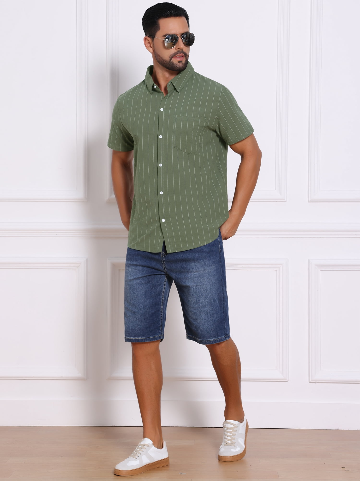DARING DIVA Men's Point Collar Short Sleeve Button Down Stripes Shirts L Olive Green