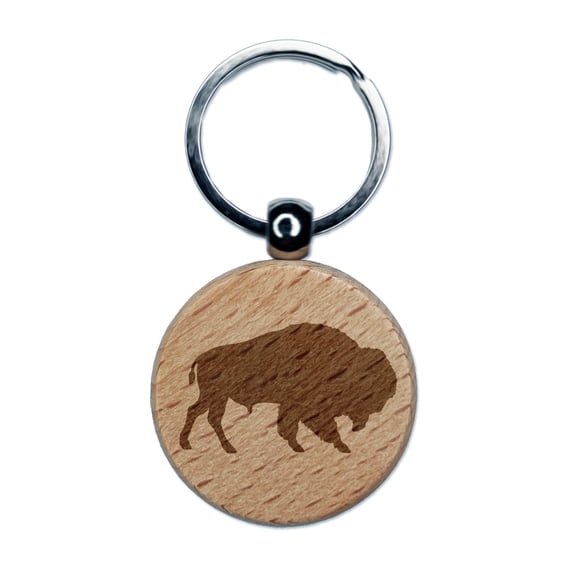 American Buffalo Bison Solid Round Keychain Charm Tag - Engraved Wood