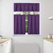 3pc Faux Silk Kitchen Curtain Blackout Lined Solid Color Rod Pocket Short Window Set 2 30"x24"(each) Tier Panel + 1 60"x14" Matching Valance K4 Purple