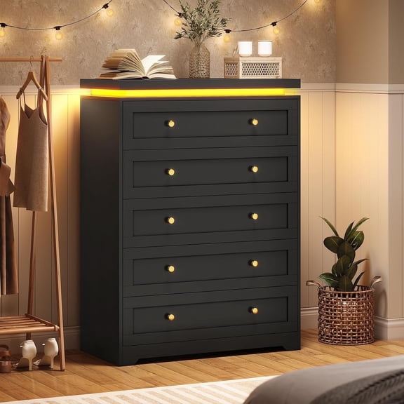 Black Dresser for Bedroom,5 Drawer Dresser with Led Lights,Modern Led Tall Bedroom Dresser with Top Floating Design for Bedroom Hallway,Black