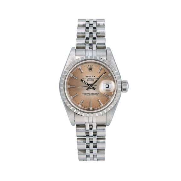Pre-Owned Rolex Date 26MM 6924 Brown Dial Engine Turned Bezel Stainless Steel Jubilee Bracelet