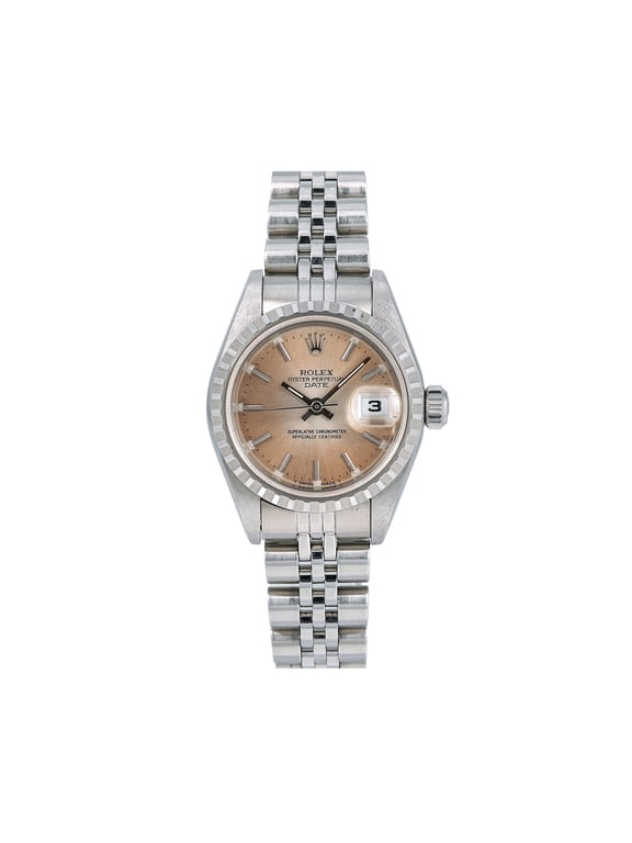 Pre-Owned Rolex Date 26MM 6924 Brown Dial Engine Turned Bezel Stainless Steel Jubilee Bracelet