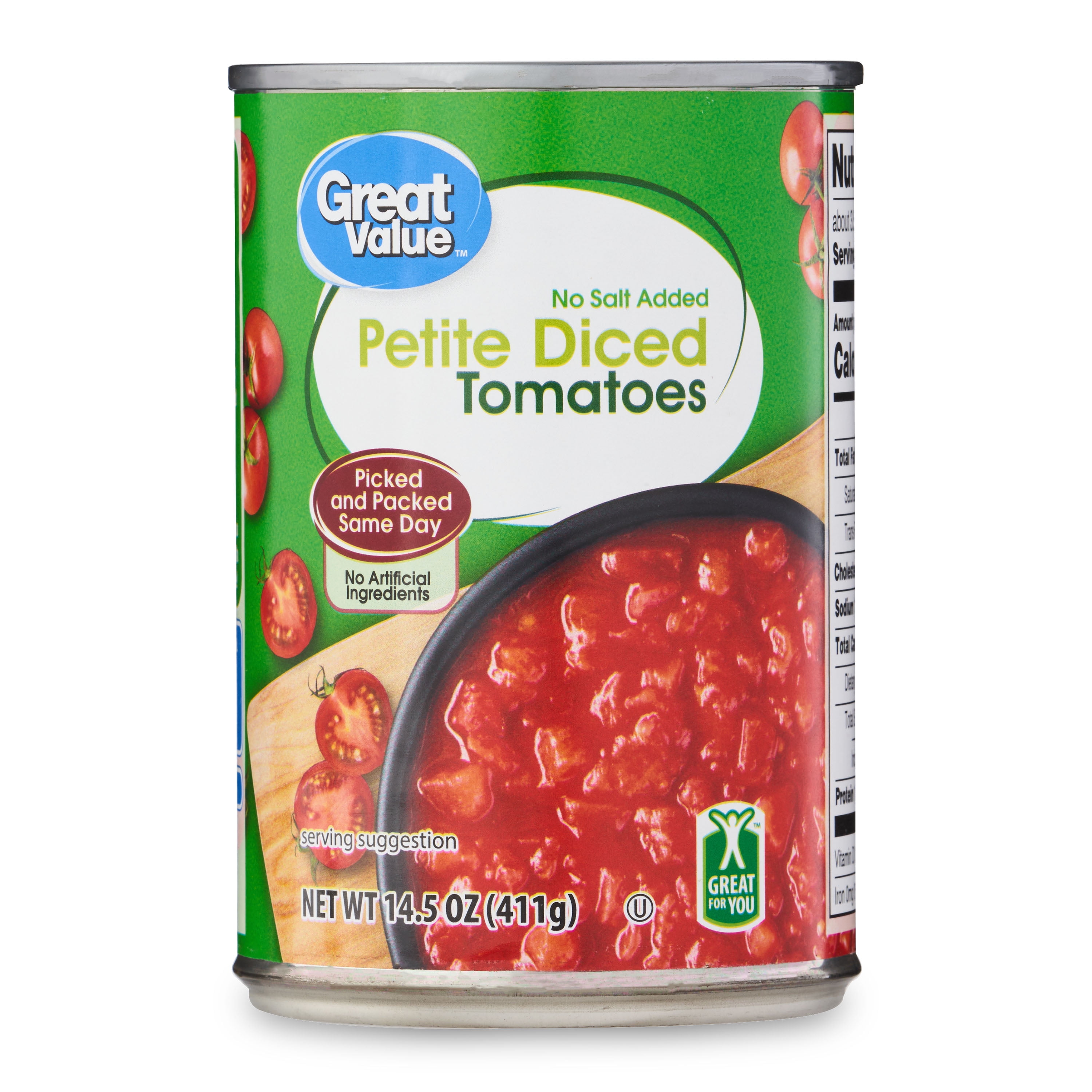 Great Value No Salt Added Petite Diced Tomatoes, 14.5 oz