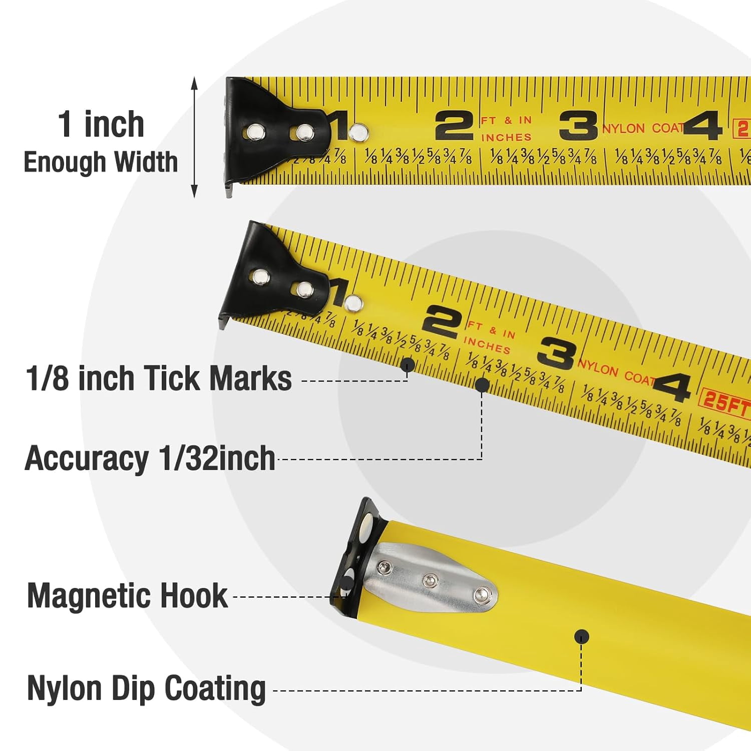 25FT Pink Tape Measure, 1/8 Fractions Easy Read Measuring Tape, Retractable Nylon Coating Measurement Tape Accuracy 1/32, Magnetic Hook, Belt Clip, Rubber Protective Casing - Pink Ribbon