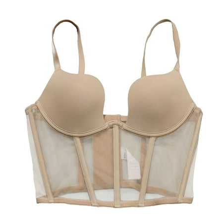 Yyeselk Women s Mesh Bustier Crop Top Push Up Corset Tops Bra Spaghetti Strap Skinny Cami Bodysuit Tops Cut Smooth Wedding Party Gothic Bustier Crop Top Khaki XXL
