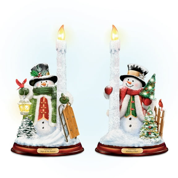 The Bradford Exchange All Is Bright Illuminated Flameless Candleholder Set Snowman Sculptures Christmas Decoration by Thomas Kinkade 9-inches