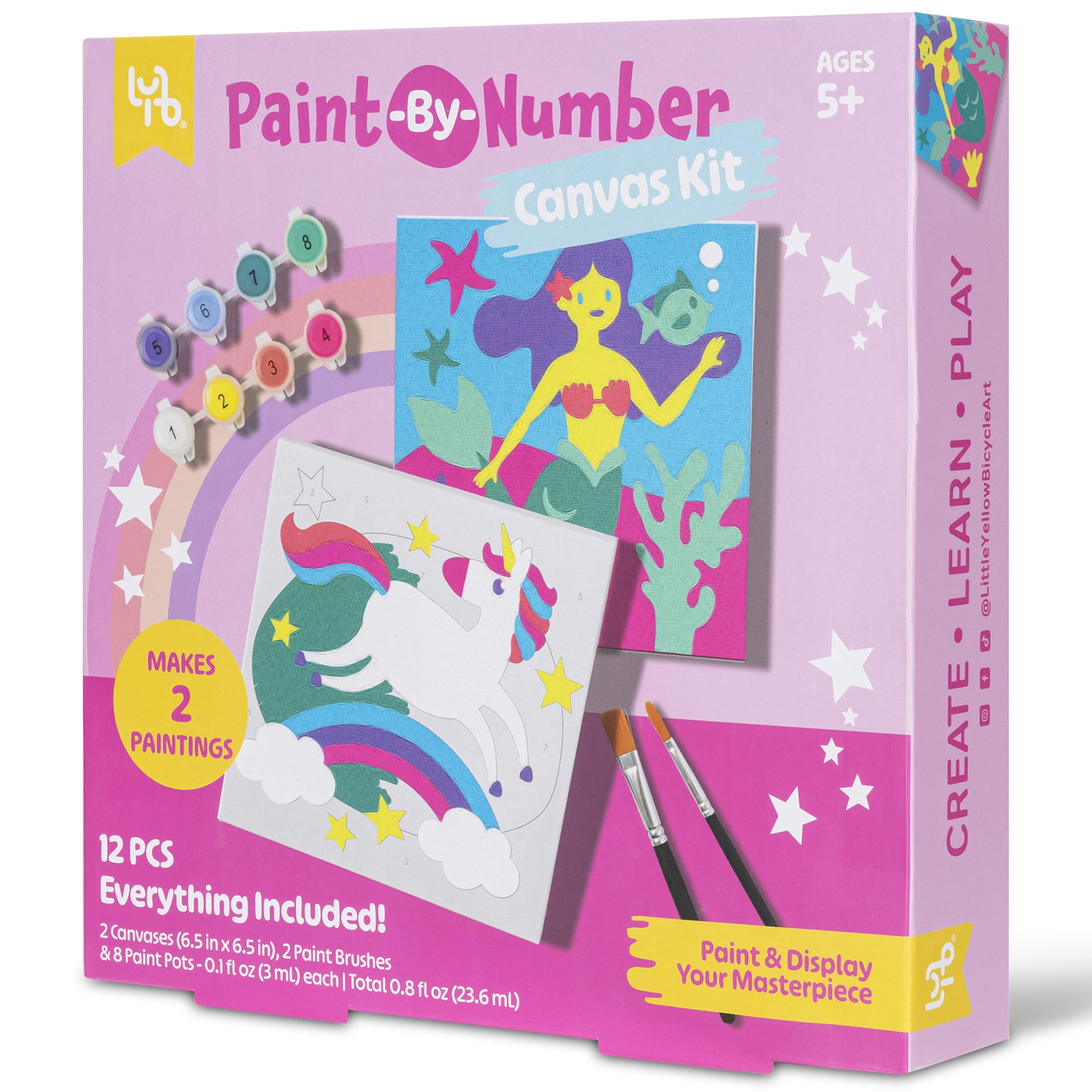 Little Yellow Bicycle: Unicorn & Mermaid Paint-By-Number Canvas Kit - All-In-1 Art Set, Magical Paintings, 8 Non-Toxic Paint Pots, 2 Brushes, Kids 5+
