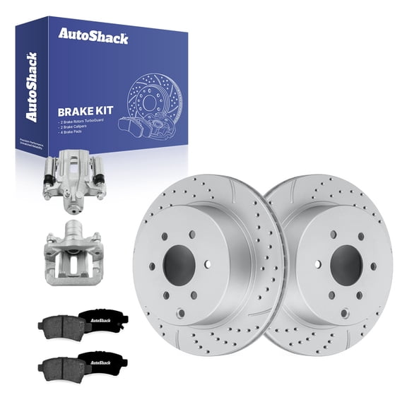 AutoShack Rear Vented Drilled & Slotted Coated Brake Rotors Silver Matte Finish   Premium Ceramic Pads   Calipers 8-PC Brake Kit Replacement for 2005-2012 Nissan Pathfinder TurboGuard 12.11" (308 mm)