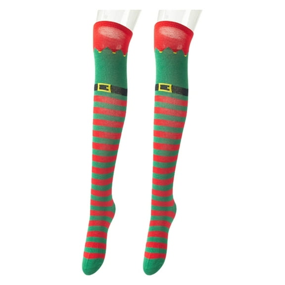 Classical Holiday Themed Cosplay Christmas Thigh High Long Socks for Women Elf Boot Striped Over the Knee Stockings