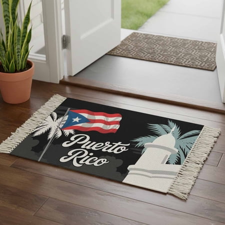 Kitchen Runner Rugs, Puerto Rico Flag Abstract 2'x3' Throw Rug with Tassels, Watercolor Palm Leaves Washable Soft Floor Carpet Runner for Hallway Bedroom Bathroom Laundry Room