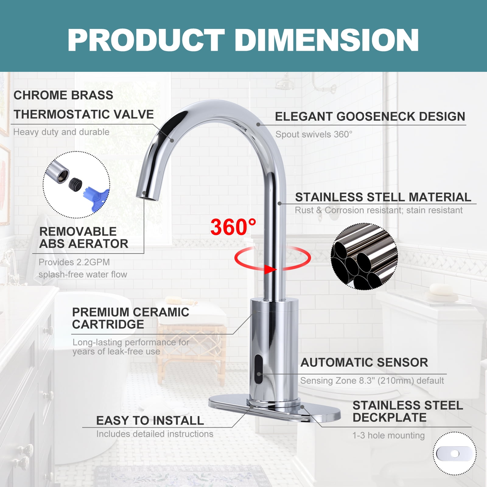 WOWOW Touchless Bathroom Faucet - Tall Automatic Bathroom Sink Faucet with Single Hole, Control Box and Temperature Mixer for Vanity with Deck Plate, Chrome