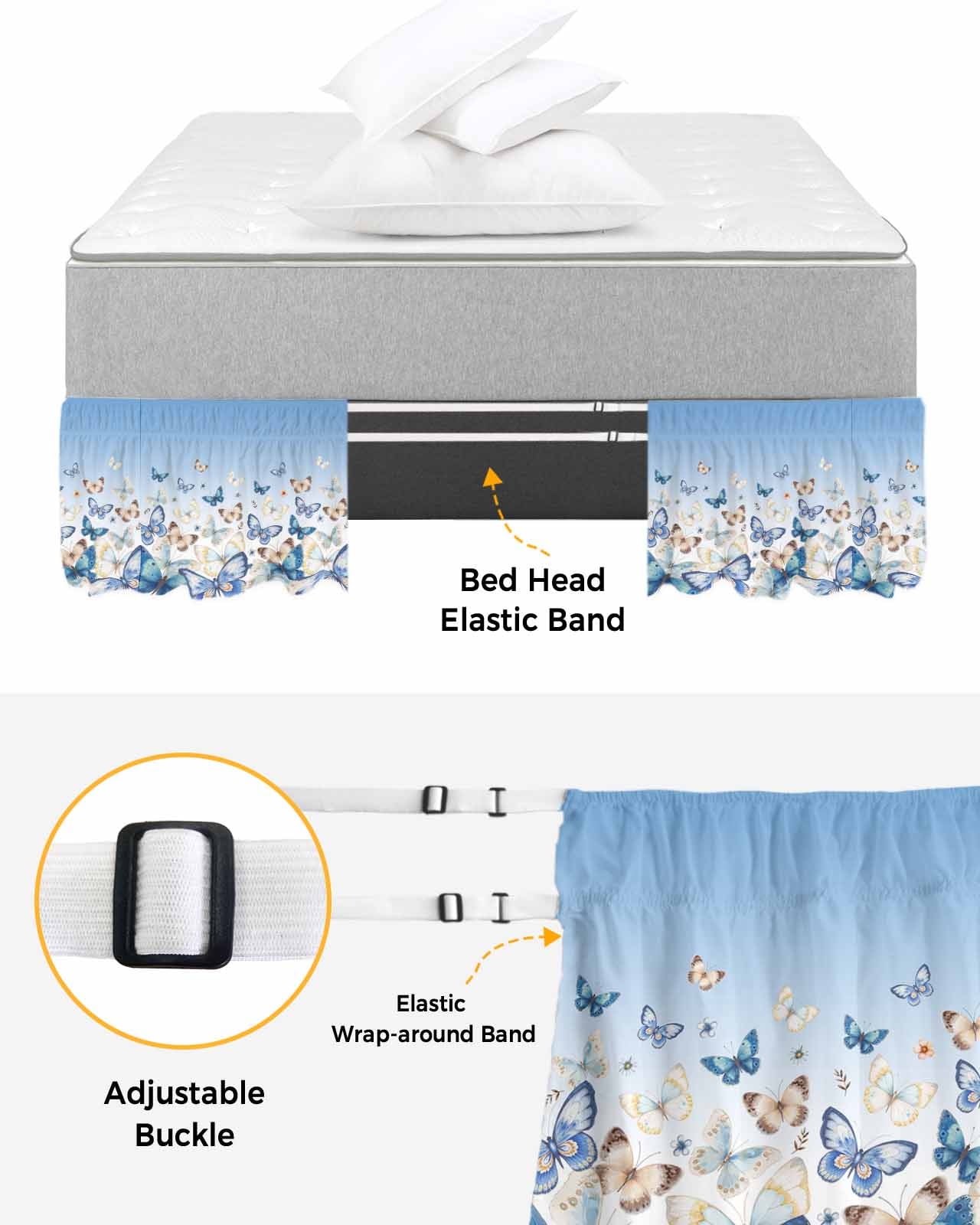 Blue Ombre Butterfly Wrap Around Bed Skirts for Queen Bed 18" Drop,Bed Skirt with Adjustable Elastic Belt Dust Ruffle Bed Valance for Bedroom Hotel Pastoral Farmhouse Butterflies Bed Frame Cover