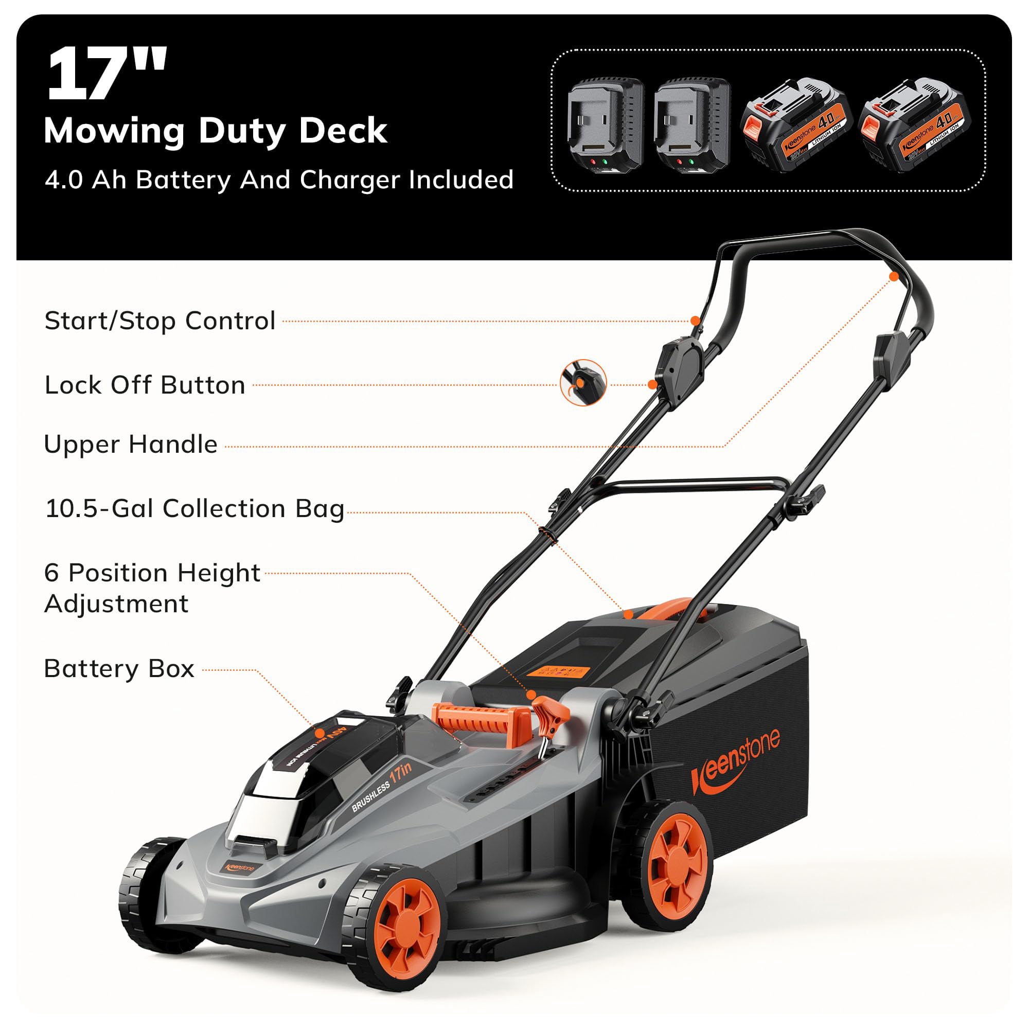 40V (2 x 20V) 17'' Cordless Lawn Mower, Multi-Functional Grass Cutter with 4.0Ah Battery, 6 Adjustable Height Settings, Durable Manganese Steel Blades, Easy to Use for Medium to Large Lawn