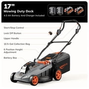40V (2 x 20V) 17'' Cordless Lawn Mower, Multi-Functional Grass Cutter with 4.0Ah Battery, 6 Adjustable Height Settings, Durable Manganese Steel Blades, Easy to Use for Medium to Large Lawn