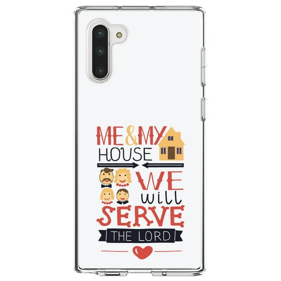 DistinctInk Clear Shockproof Hybrid Case for Samsung Galaxy Note 10 (6.3" Screen) - TPU Bumper, Acrylic Back, Tempered Glass Screen Protector - Me & My House We Will Serve the Lord