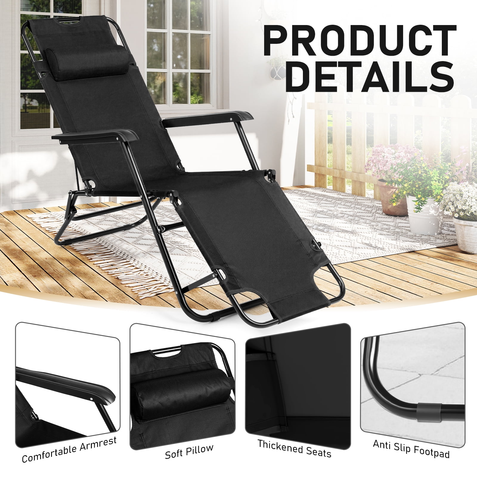 UBesGoo 2-Position Adjustable Backrest Chaise Chair, Lightweight Tanning Chair with Pillow, Sun Recliner for Indoor Outdoor - Black