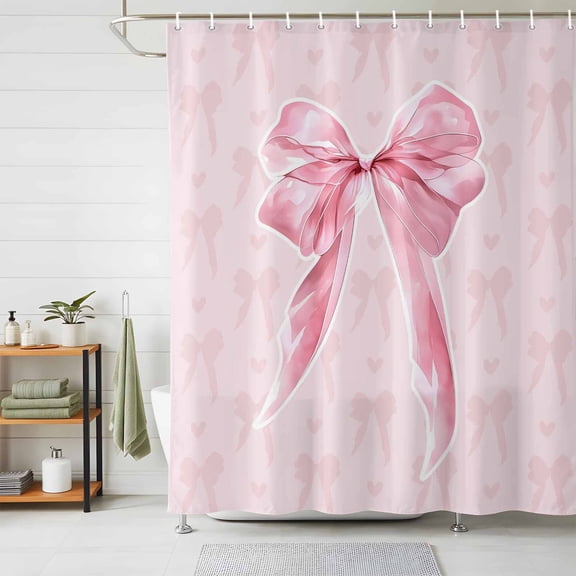 Shower Curtains for Bathroom, Pink Bow Waterproof Fabric Shower Curtain, Cute Watercolor Girls Cartoon Luxury Decorative Bathroom Curtain for Bathtub, 66"x72", No Hooks Included