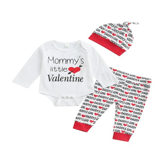 AMERTEER Infant Baby Boys Girls Valentine‘s Day Outfit Letter Print Romper Tops+Pants+Hat 3PCS Clothes Set White 18-24 Months