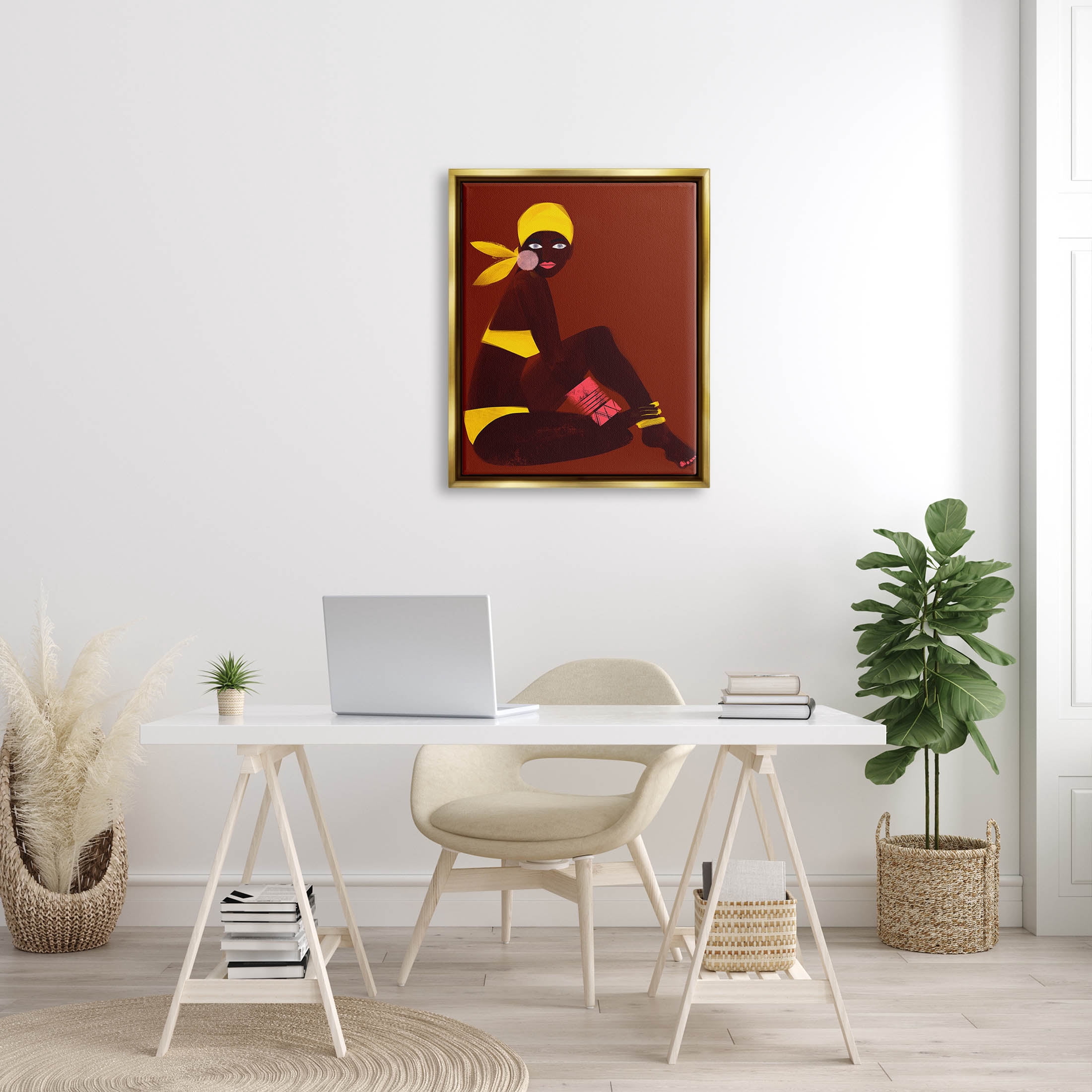 Woman Sitting Yellow Swimsuit Abstract Graphic Art Metallic Gold Framed Art Print Wall Art