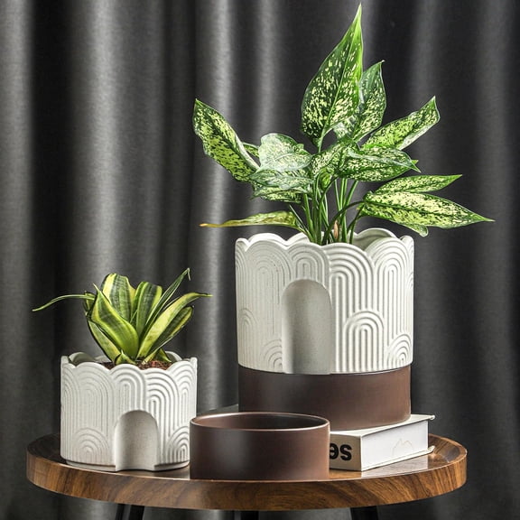 Self Watering Plant Pot: 8 Inch Ceramic Planter with Drainage Hole & Water Storage Plus - Relief Design Self Watering Pot for Indoor Plants - Beige & Brown Flower Pot