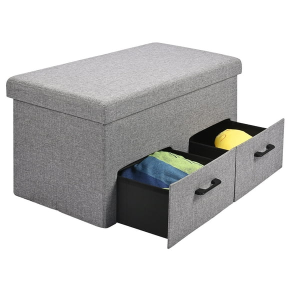 31 Inches Folding Storage Ottoman with 2 Drawer, Storage Ottoman Bench Chest Foot Rest Stool, Grey