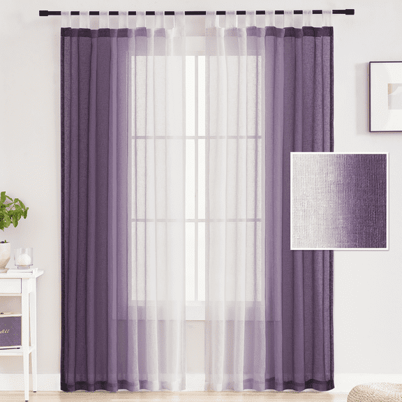 Semi Sheer Curtains 84 inch Long Ombre Sheer Curtains - Faux Linen Semi Voile Gradient Tab Top Curtains for Bedroom and Living Room, Set of 2 Window Curtain Panels, Purple