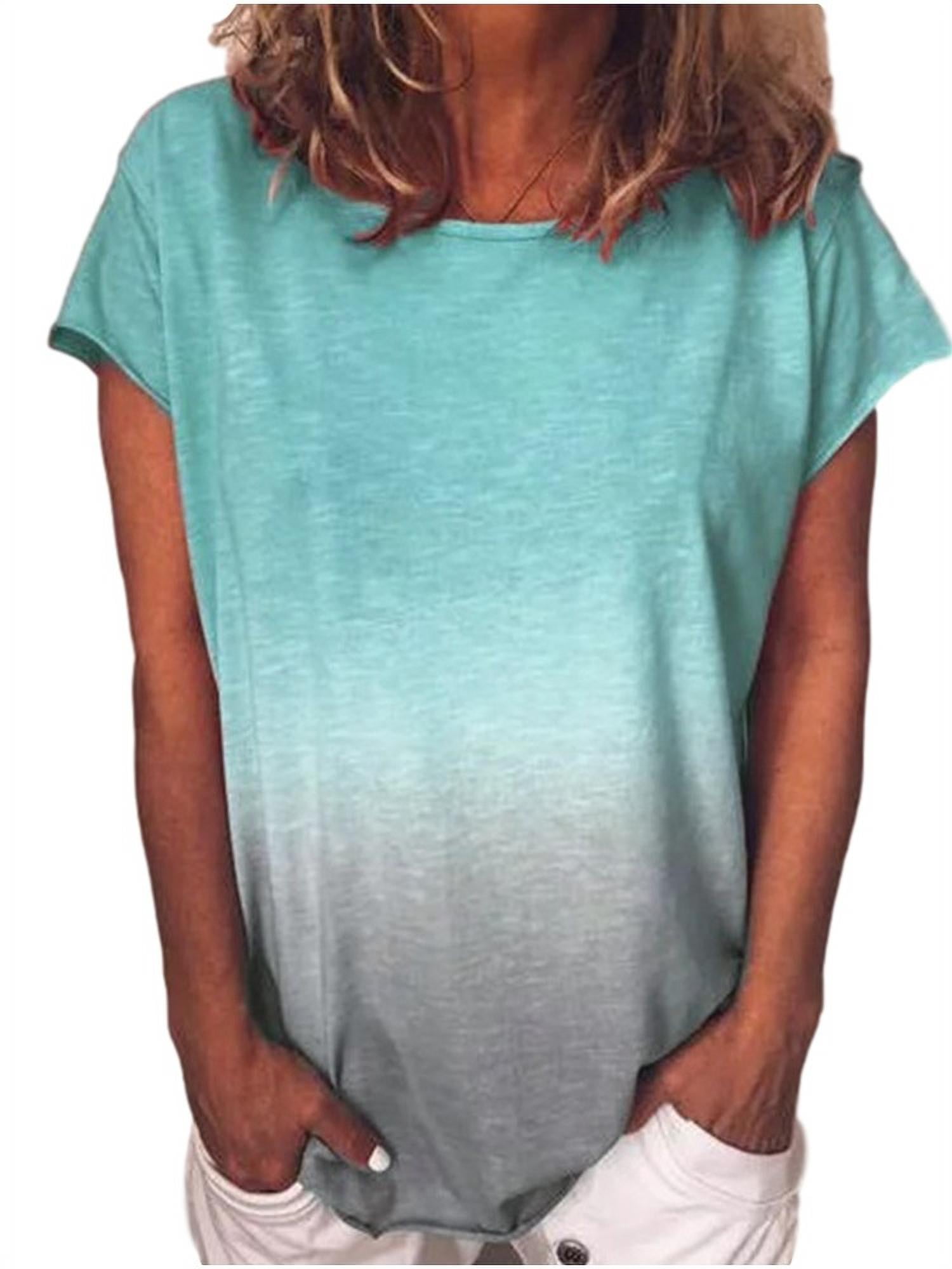 Women Round Neck Christmas Gradient Tie Dye Print T-Shirt Novelty Splicing Blouse Top