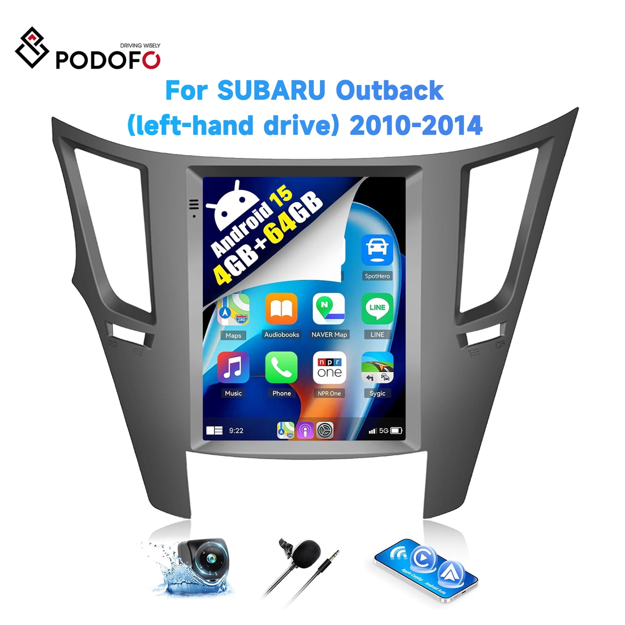 Podofo 4G+64G Android 15 Car Stereo for Subaru Outback Legacy 2010-2014 9.7 Inch Touch Screen with CarPlay Android Auto Mirror Link UI Bluetooth FM GPS Navigation WiFi FM SWC Backup Camera MIC