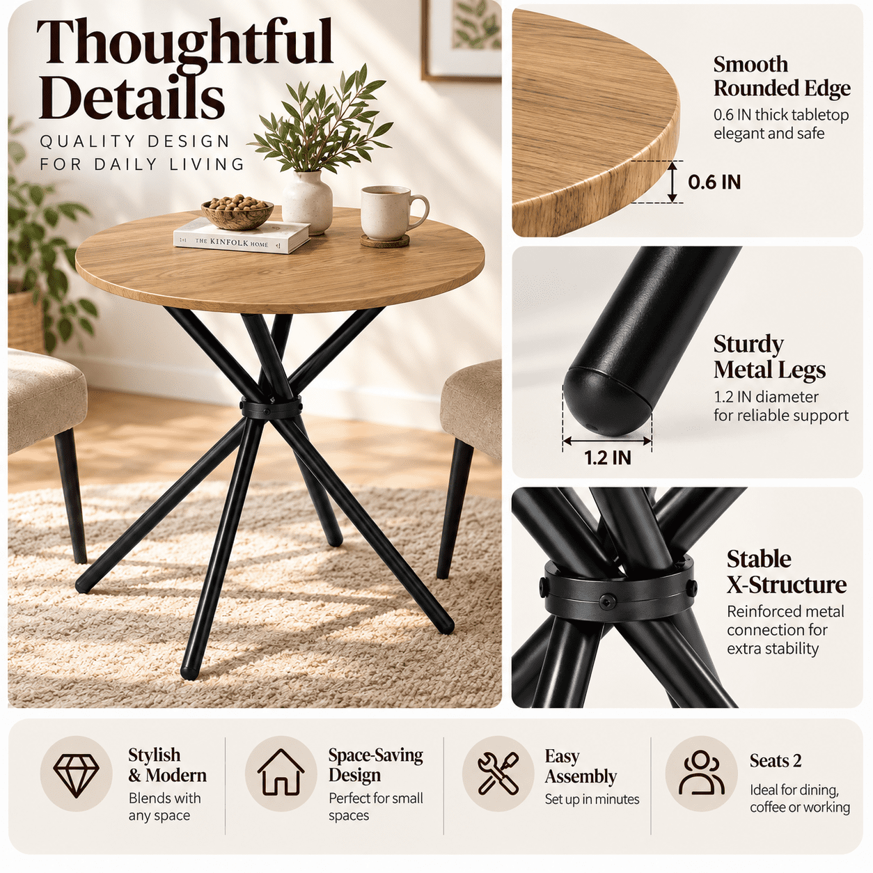 Homy Casa 31.5 in Round Dining Table for 2-4, Small Space Kitchen Table with Metal Legs, Golden Oak