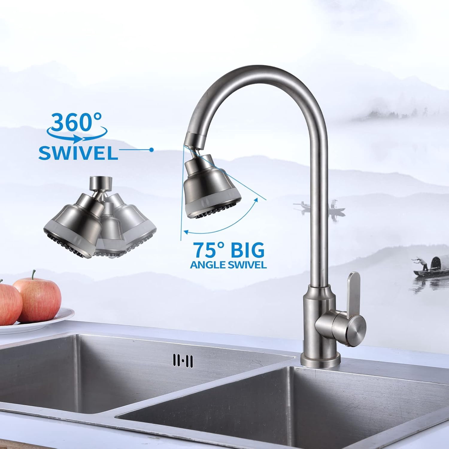 ABCISI 4 Spray Modes Faucet Aerator, 360 Degree Faucet Sprayer Attachment,Big Angle Kitchen Faucet Aerator,Swivel Faucet Extender,Sink Sprayer Attachment for faucet,55/64 inch Female Thread (Gray)