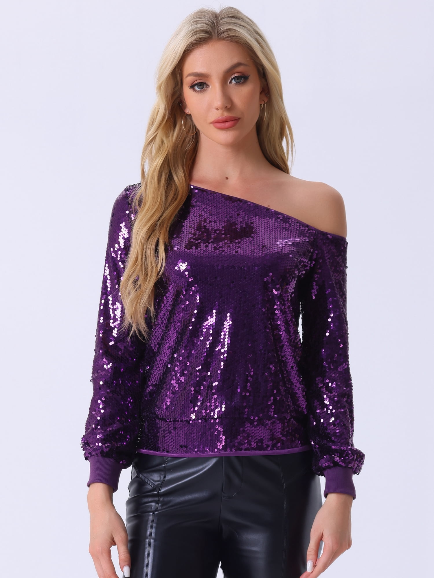 DARING DIVA Women's Sequin Top Off-Shoulder Long Sleeve Tops S Dark Purple