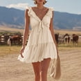 thumbnail image 2 of PRINxy Women's V Neck Loose Tiered Ruffle Short Dress Petal Sleeve Cotton Linen Casual Dress for Summer Beach Vacation Daily Errands Beige M, 2 of 7