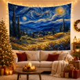 thumbnail image 3 of Hillside Village under a Swirling Crescent Moon Sky, Dramatic Illustration for Art Lovers, Night Landscape Decor, Housewarming Gift, Tapestry Wall Hanging for Studio and Den, 3 of 7