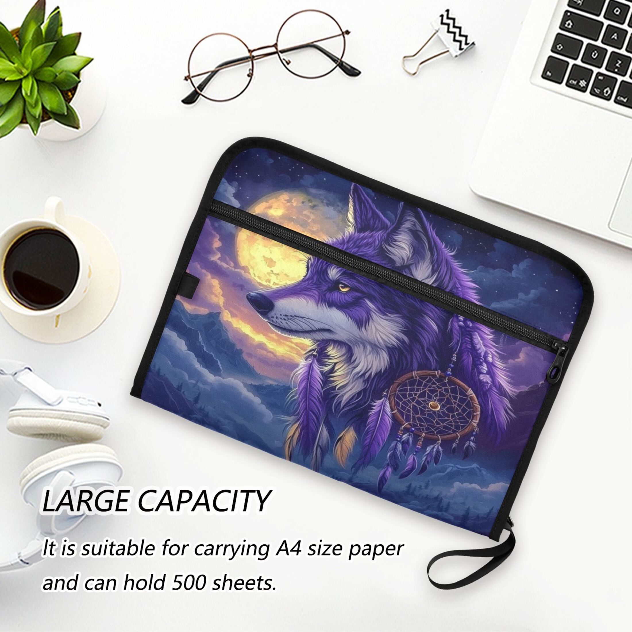 Accordion File Organizer with Zip Closure 13 Pockets Expanding File Folder Letter A4 Paper Document Organizer for Home Office A Beautiful Wolf