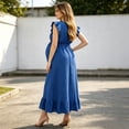 thumbnail image 5 of Acaics Maternity Linen Maxi Dress, V Neck Ruffle Sleeve Smocked Waist Long Dress, for Pregnant Women Daily Outings, 5 of 7